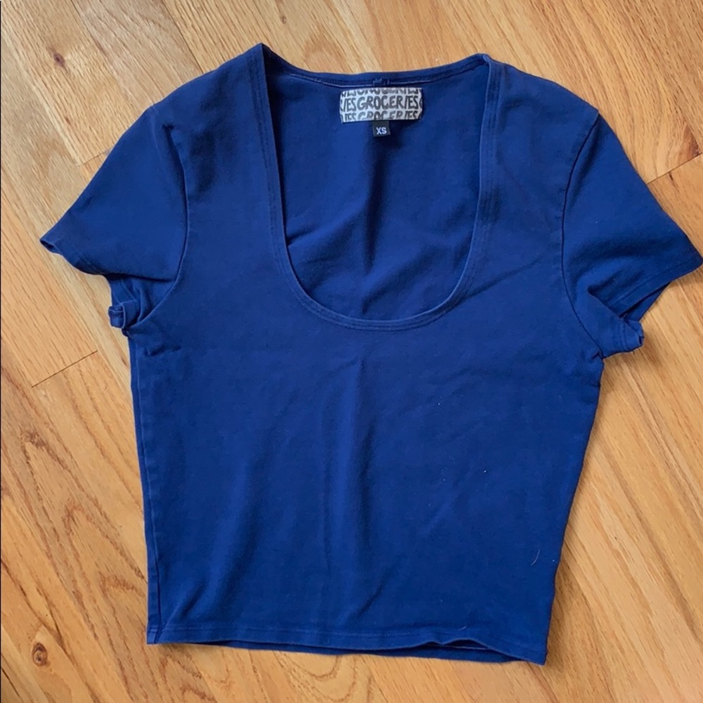 Groceries Navy Blue Short Sleeved Stretchy Crop